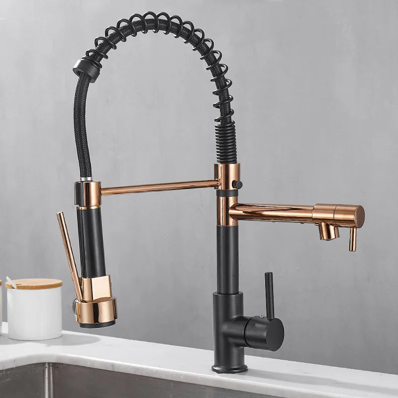 DUALFLOW Kitchen Tap – Moderner Küchenhahn mit Doppelausguss & elegantem Schwarz-Gold-Finish