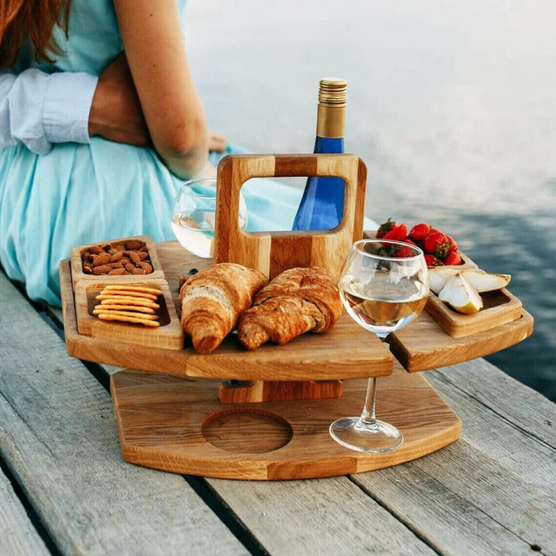 Portable Wooden Picnic Table – Faltbarer Holztisch mit Glashaltern & Snackfächern für Garten, Strand & Outdoor