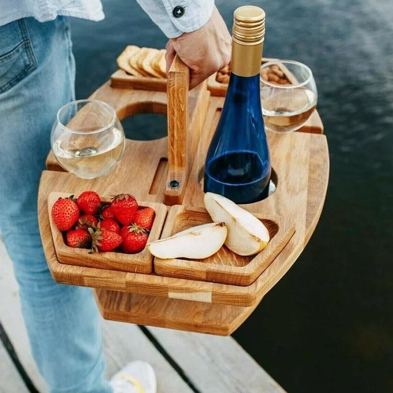 Portable Wooden Picnic Table – Faltbarer Holztisch mit Glashaltern & Snackfächern für Garten, Strand & Outdoor