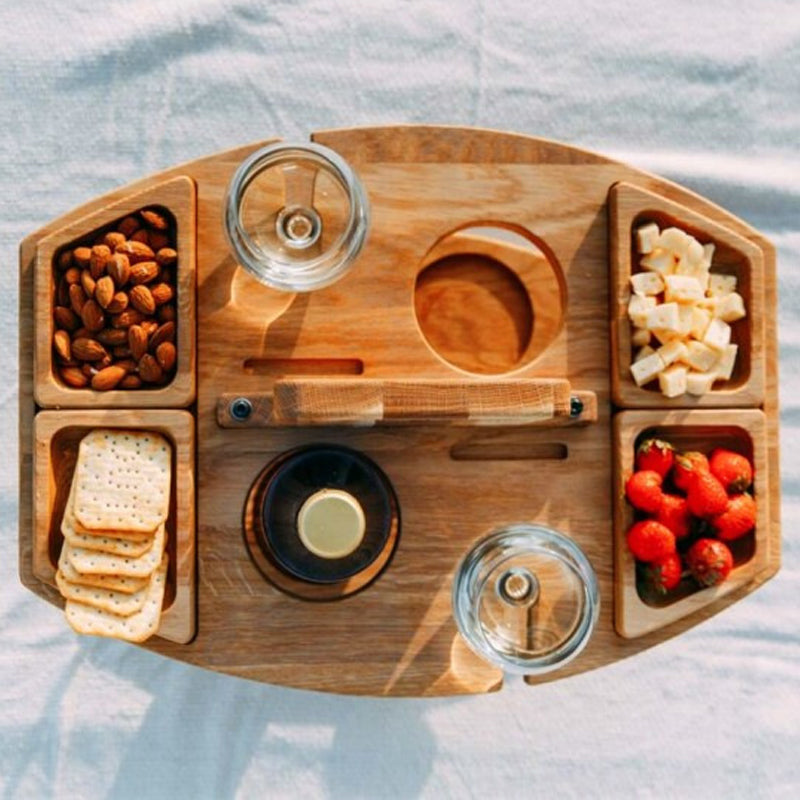 Portable Wooden Picnic Table – Faltbarer Holztisch mit Glashaltern & Snackfächern für Garten, Strand & Outdoor