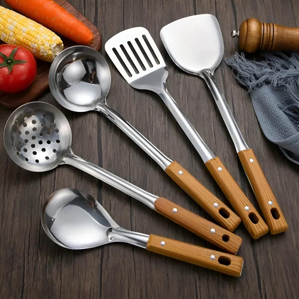 Luxusküchenset aus Edelstahl mit Holzgriffen – Elegant, Langlebig & Praktisch-6