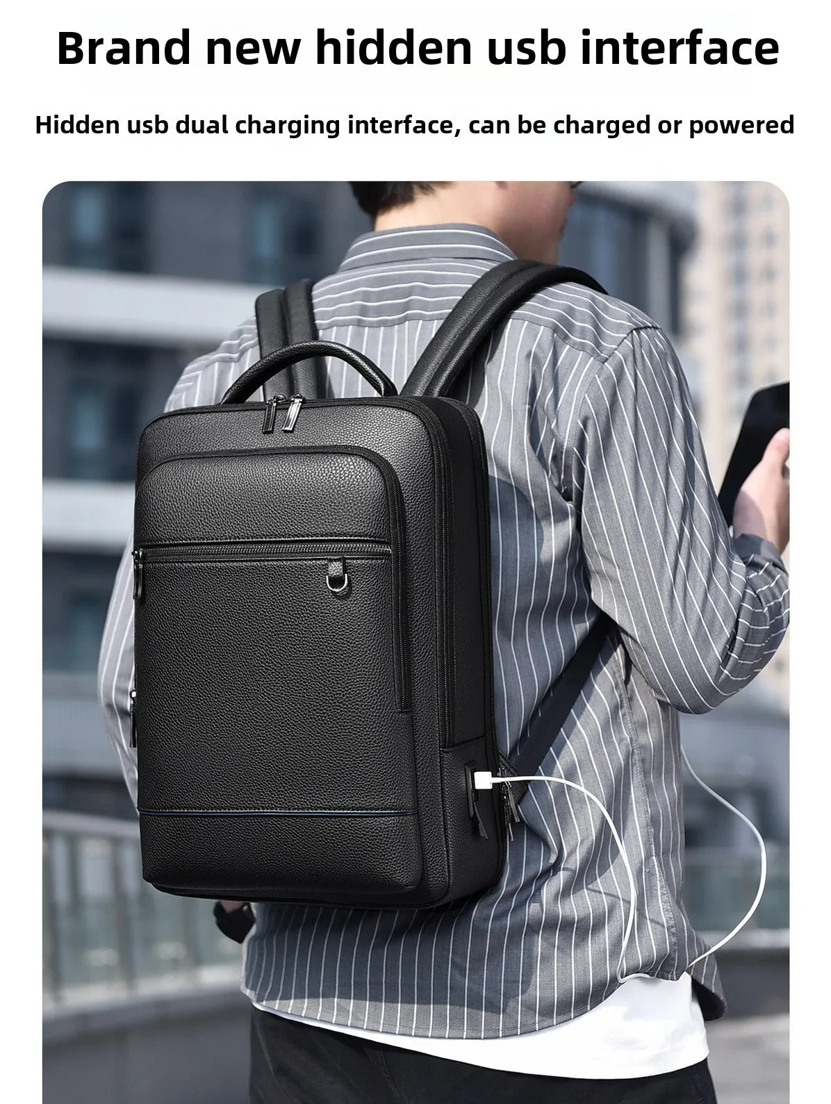 Eleganter Leder-Rucksack Damen/Herren mit USB-Anschluss für Laptop und Alltag, 15,6 Zoll, Schwarz