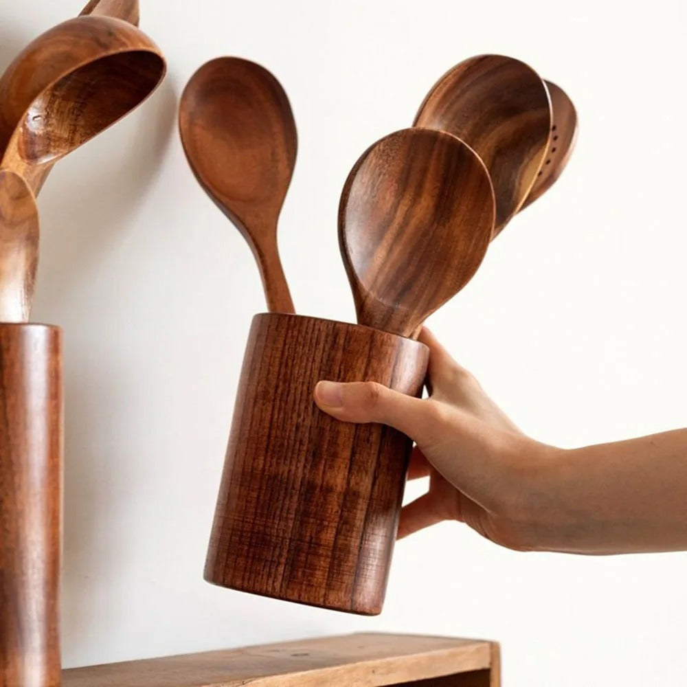 Teakholz Küchenutensilien Set – Elegante Kochutensilien für moderne Küchenhelfer