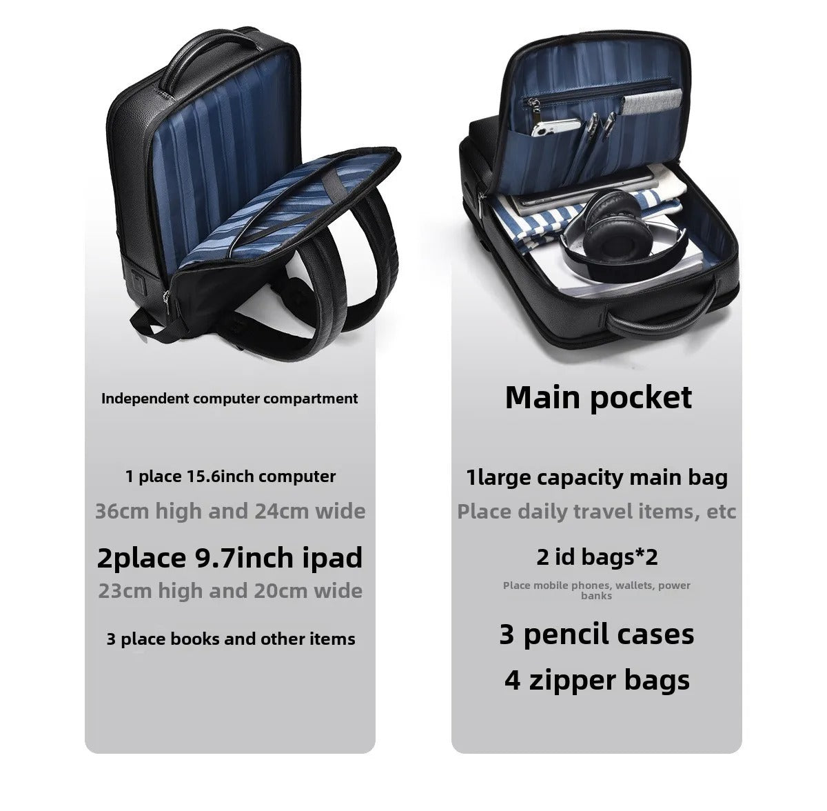 Eleganter Leder-Rucksack Damen/Herren mit USB-Anschluss für Laptop und Alltag, 15,6 Zoll, Schwarz