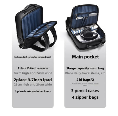 Eleganter Leder-Rucksack Damen/Herren mit USB-Anschluss für Laptop und Alltag, 15,6 Zoll, Schwarz