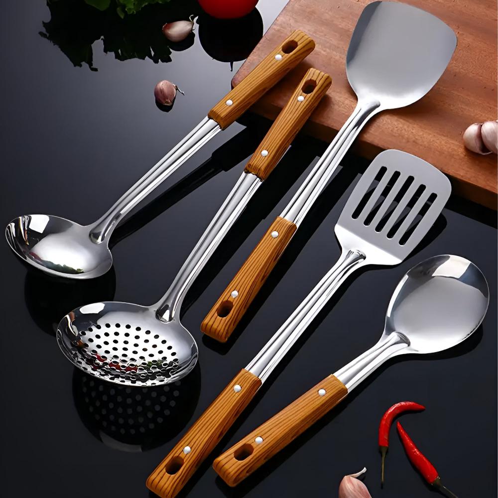 Luxusküchenset aus Edelstahl mit Holzgriffen – Elegant, Langlebig & Praktisch-1