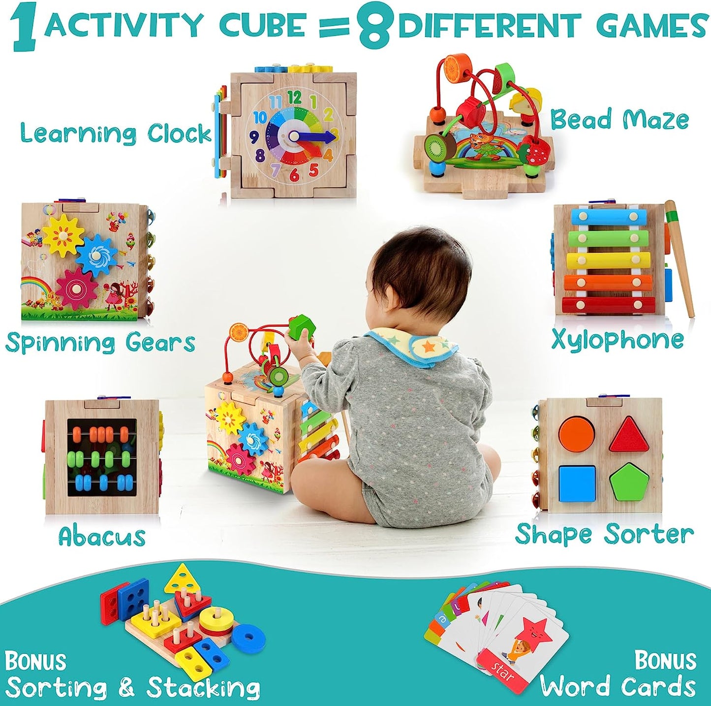 Stilvolle 8-in-1-Montessori-Aktivitäten Kubus-Educational spielen Spaß für Babys-4