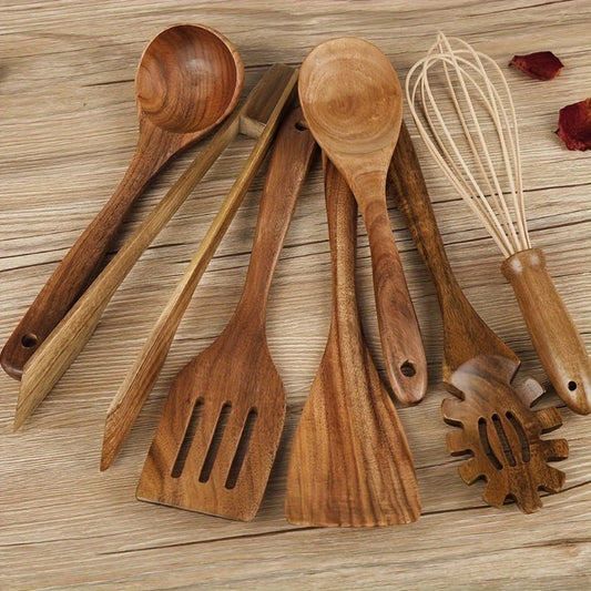 Hochwertiges 7-teiliges Küchenutensilien Set aus Holz für stilvolles Kochen und Anti-Stick-Pfannen-1