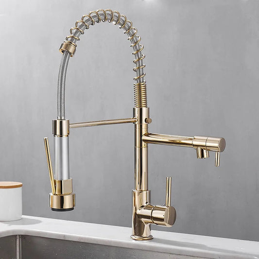 DUALFLOW Kitchen Tap – Moderner Küchenhahn mit Doppelausguss & elegantem Schwarz-Gold-Finish