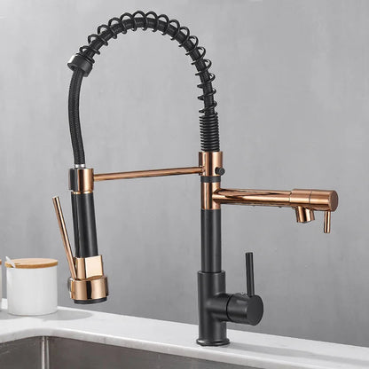 DUALFLOW Kitchen Tap – Moderner Küchenhahn mit Doppelausguss & elegantem Schwarz-Gold-Finish
