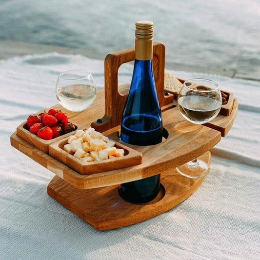 Portable Wooden Picnic Table – Faltbarer Holztisch mit Glashaltern & Snackfächern für Garten, Strand & Outdoor