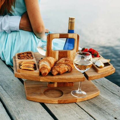 Portable Wooden Picnic Table – Faltbarer Holztisch mit Glashaltern & Snackfächern für Garten, Strand & Outdoor
