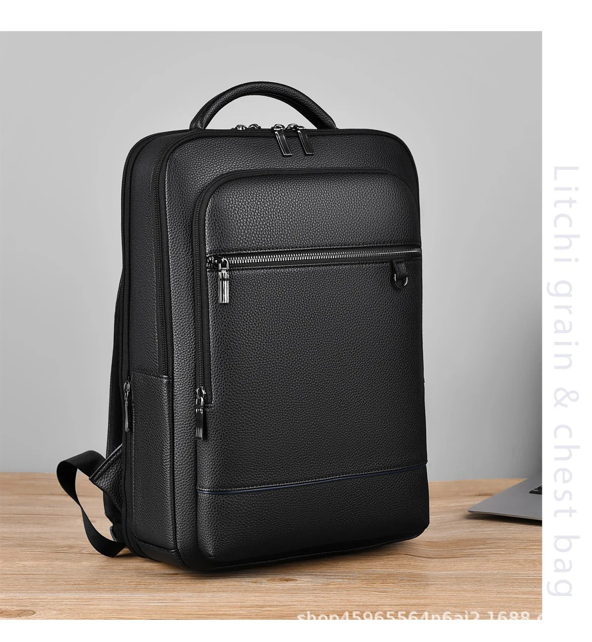 Eleganter Leder-Rucksack Damen/Herren mit USB-Anschluss für Laptop und Alltag, 15,6 Zoll, Schwarz