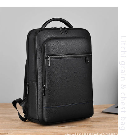 Eleganter Leder-Rucksack Damen/Herren mit USB-Anschluss für Laptop und Alltag, 15,6 Zoll, Schwarz