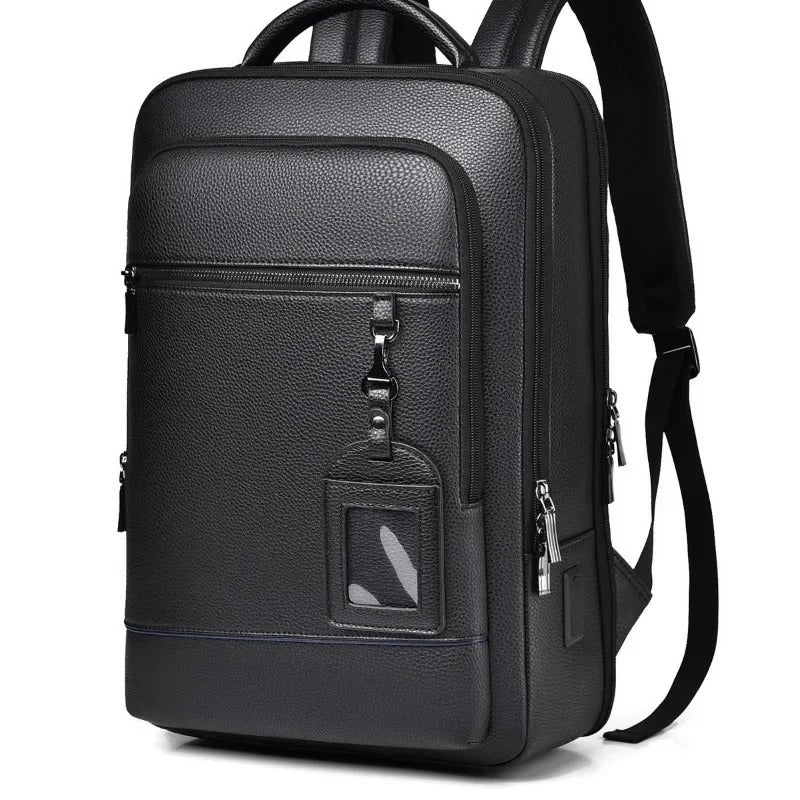 Eleganter Leder-Rucksack Damen/Herren mit USB-Anschluss für Laptop und Alltag, 15,6 Zoll, Schwarz