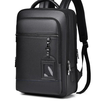 Eleganter Leder-Rucksack Damen/Herren mit USB-Anschluss für Laptop und Alltag, 15,6 Zoll, Schwarz
