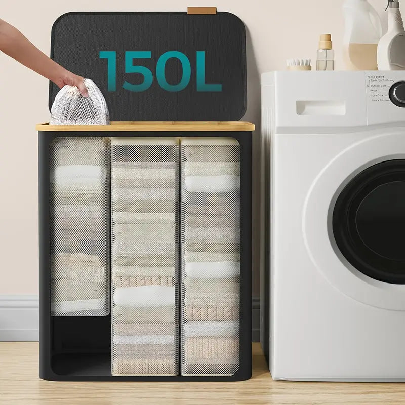 Wäschekorb 150L Grau Beige 3 Fächer Robuster Stoff Wäschesammler-2