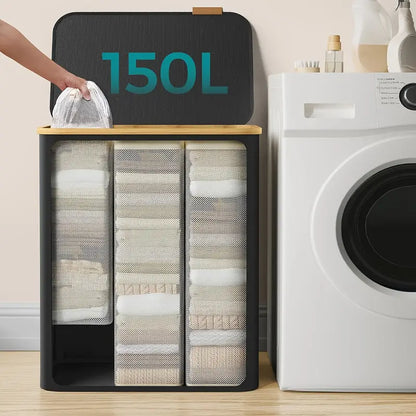 Wäschekorb 150L Grau Beige 3 Fächer Robuster Stoff Wäschesammler-2