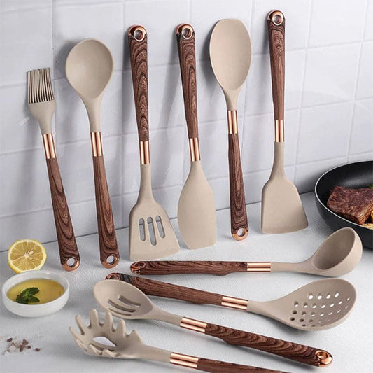 Küchenhelfer Set 10-teilig Silikon Hitzebeständig mit Holzgriffen-1