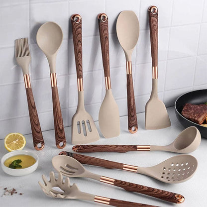 Küchenhelfer Set 10-teilig Silikon Hitzebeständig mit Holzgriffen-2